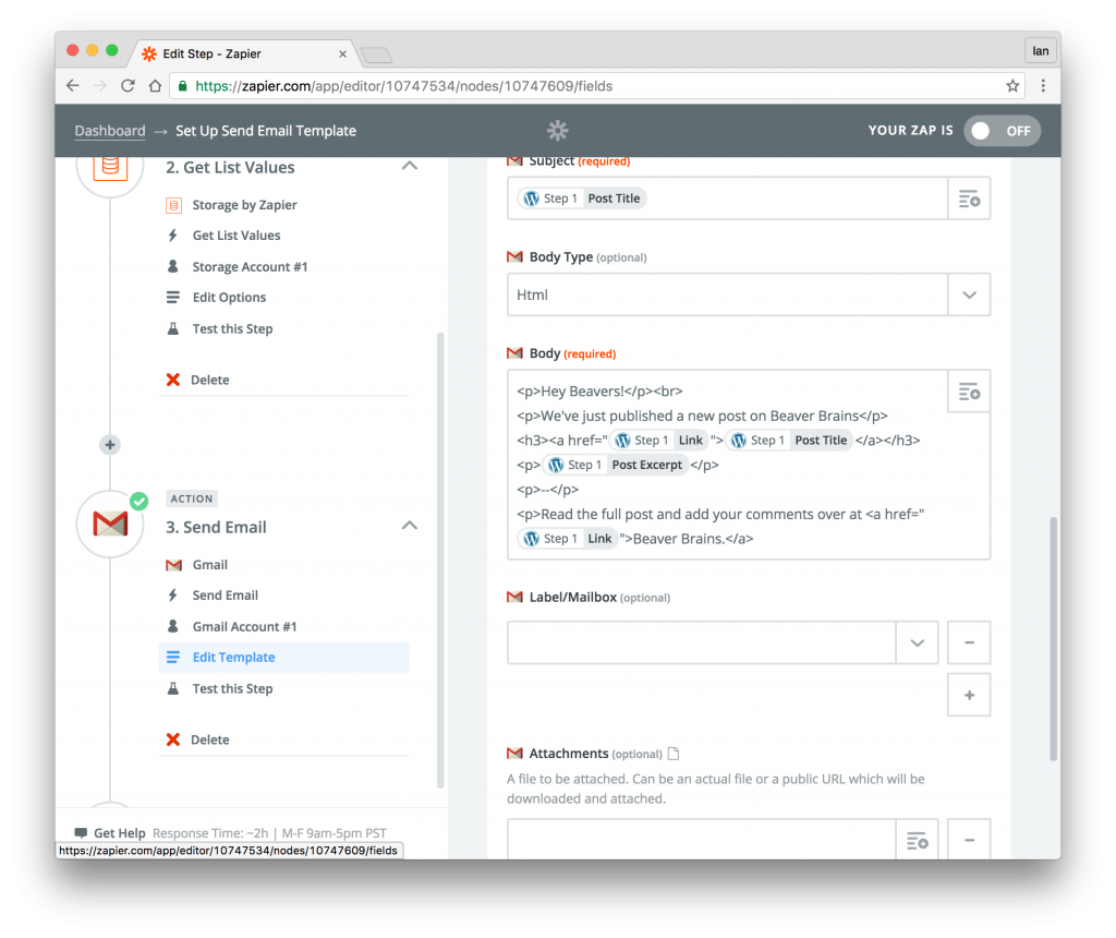 Zapier new post email notifications